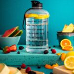 Bright composition of mixed fruits around a motivational water bottle indoors.
